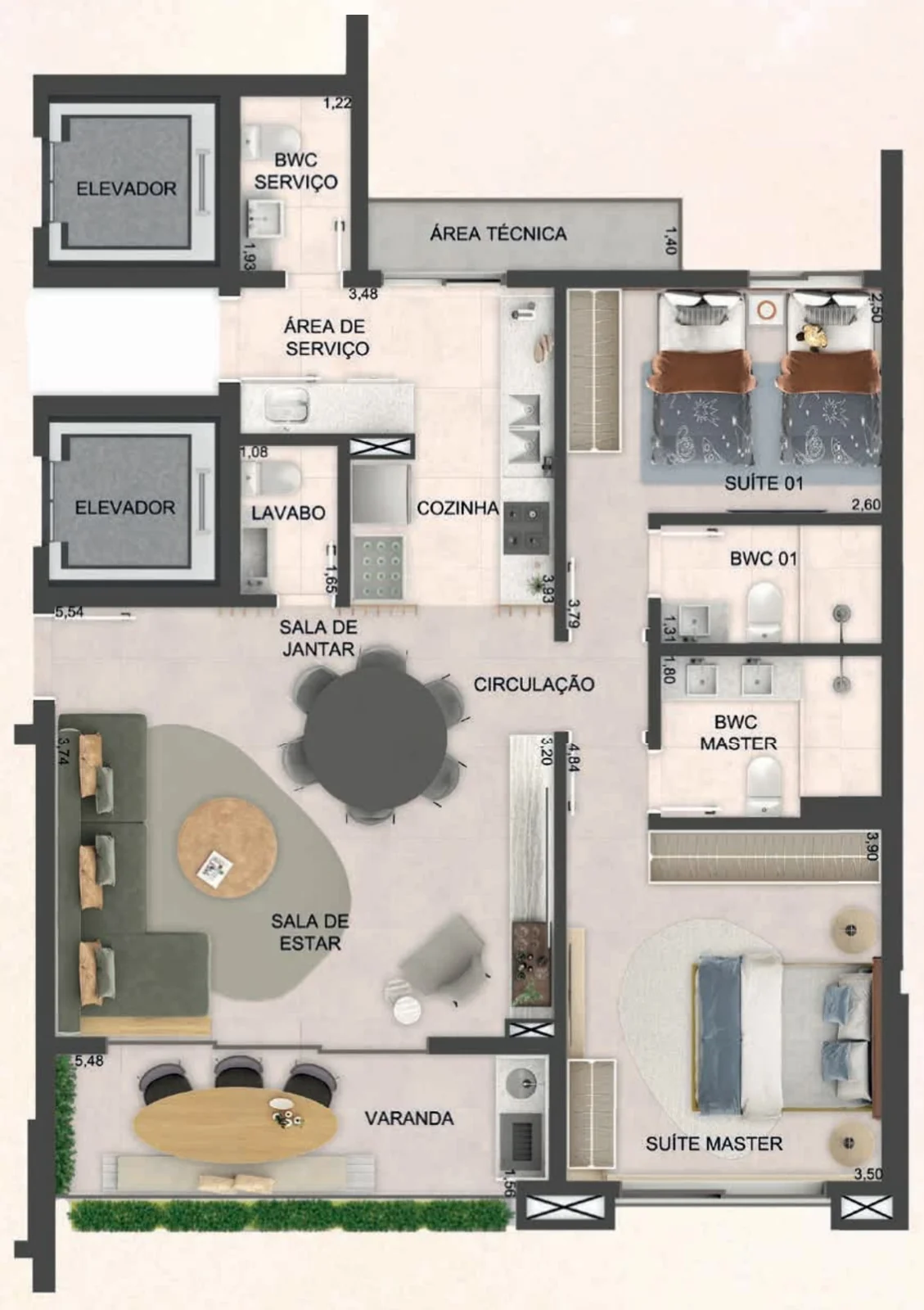 Planta humanizada do apartamento de 101 m²