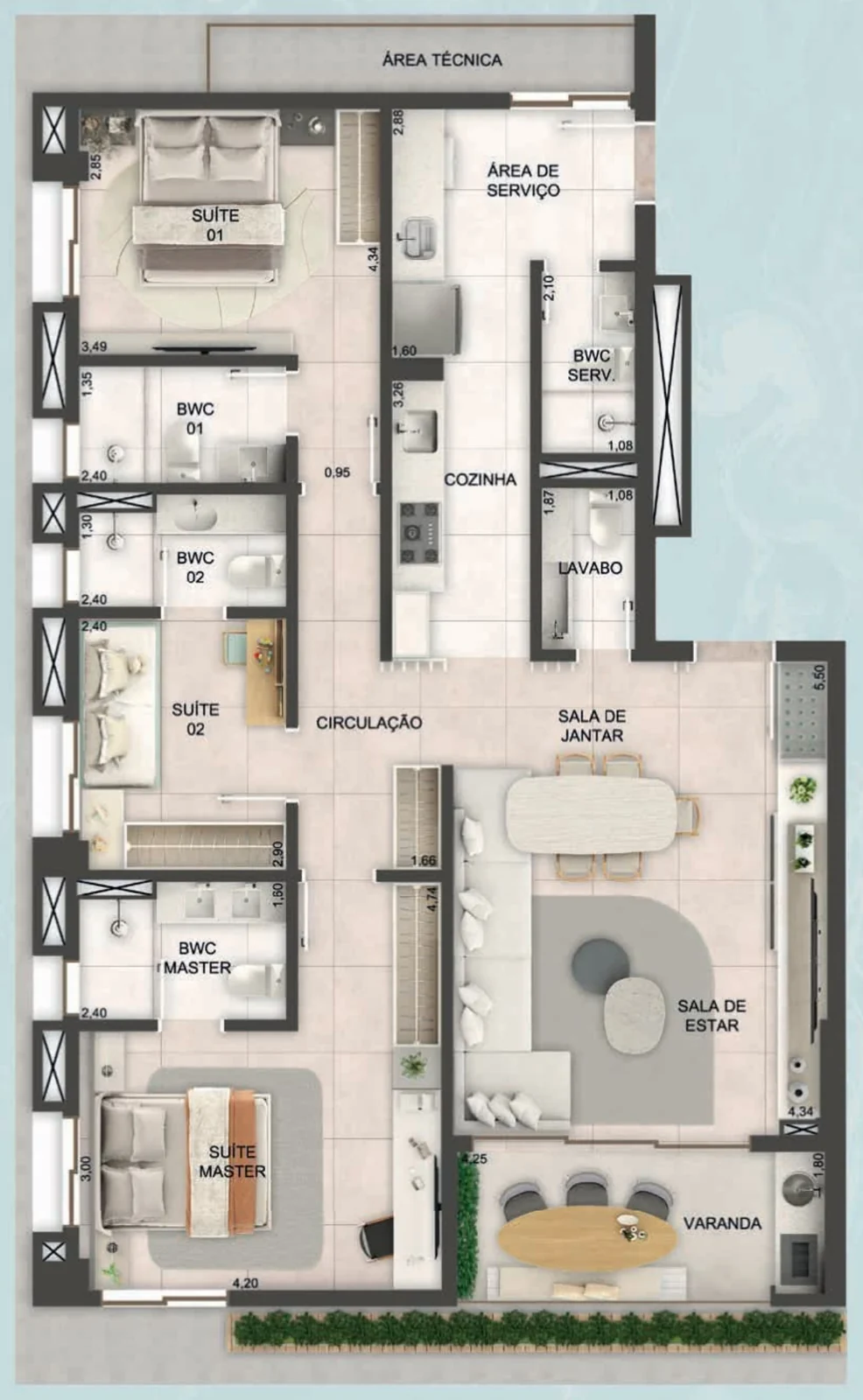 Planta humanizada do apartamento de 124 m²